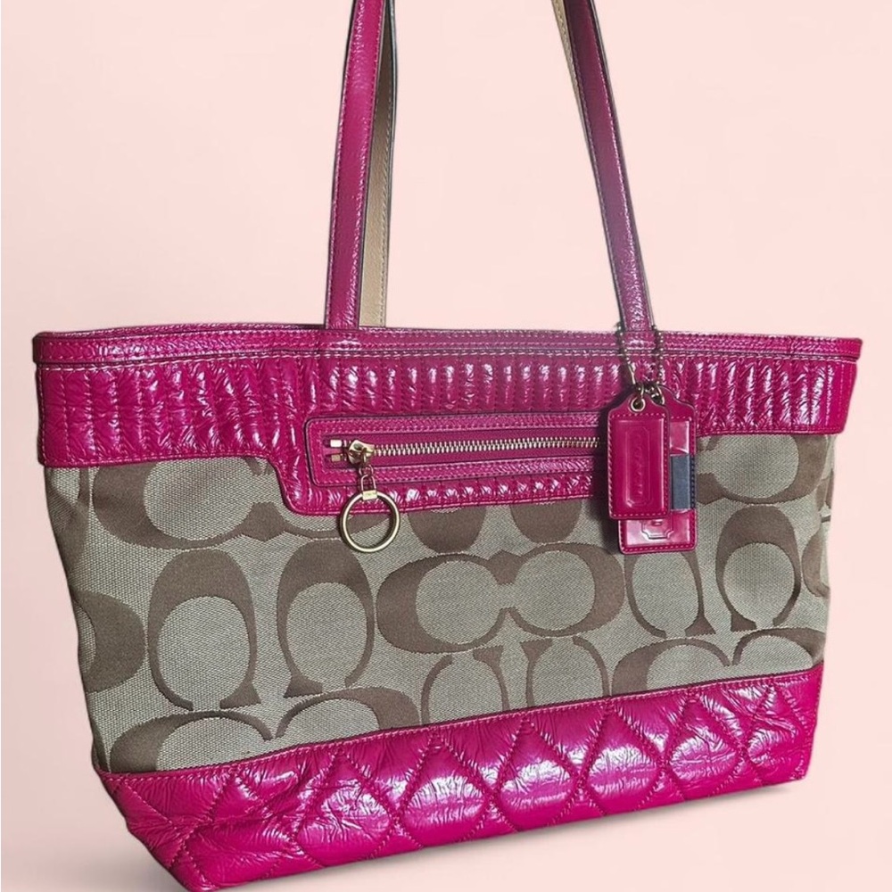 COACH POP Signature Tote Khaki Magenta